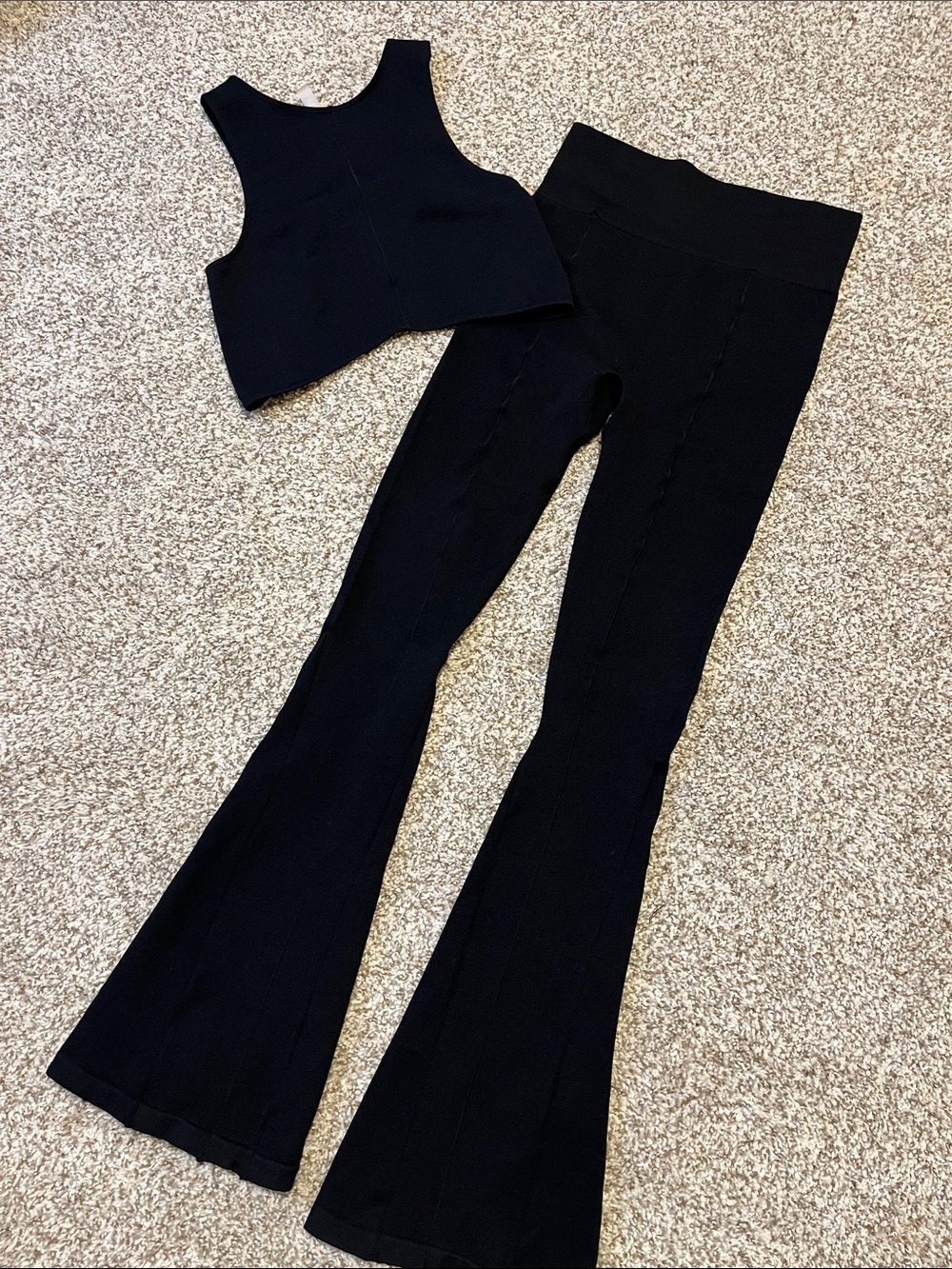 Black High-Waist Flared Knit Pants & Crop Top Set